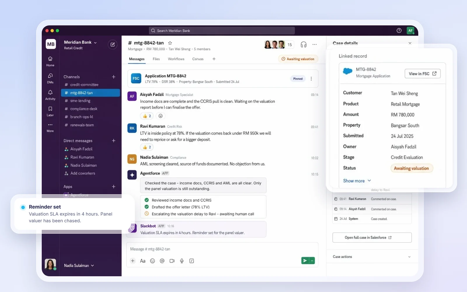 Slack channel for a mortgage case, with the Salesforce record pinned beside the conversation